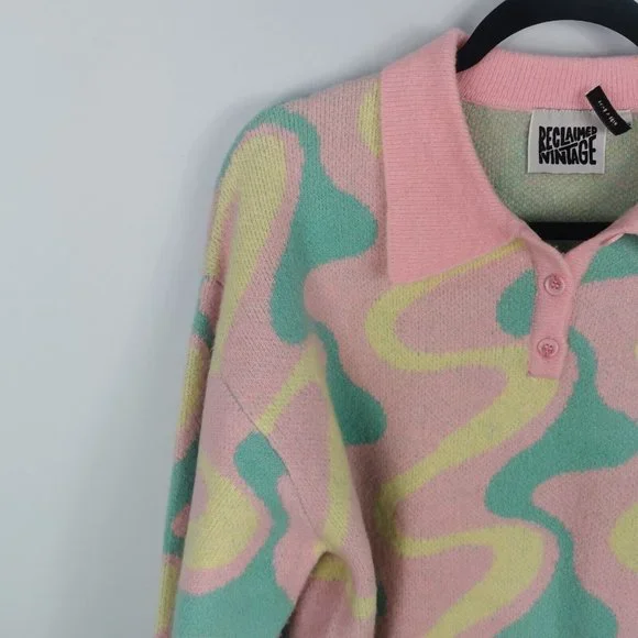 RECLAIMED VINTAGE Swirl Print Pastel Jumper Oversized UK 8 10 - Picture 3 of 8